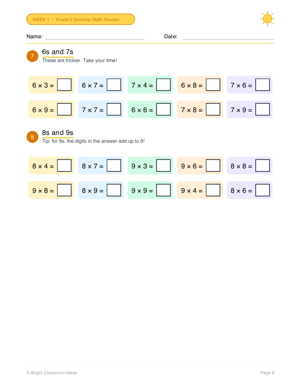 Times tables for 6s, 7s, 8s and 9s: students solve 20 harder multiplication problems, with a digit-sum tip for nines