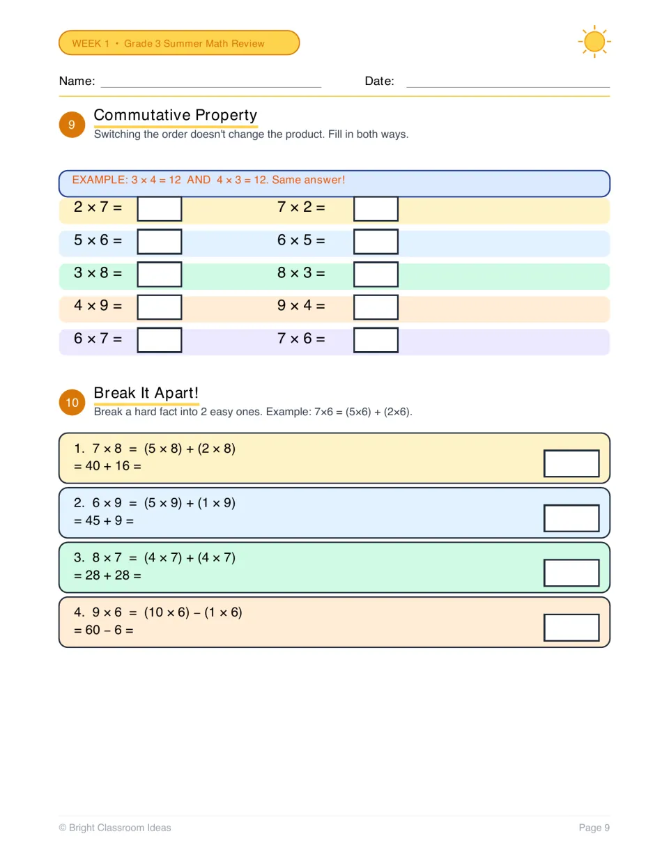 Commutative property and Break It Apart: students solve fact pairs in both orders, then split hard facts like 7 x 8 apart