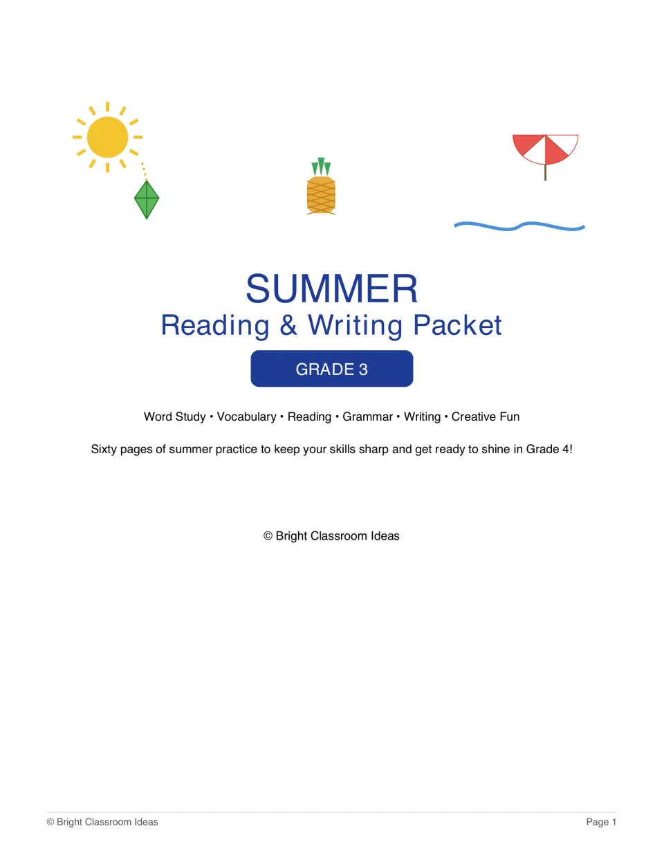 Grade 3 summer literacy packet cover introducing 60 pages of reading, word study, vocabulary, and writing