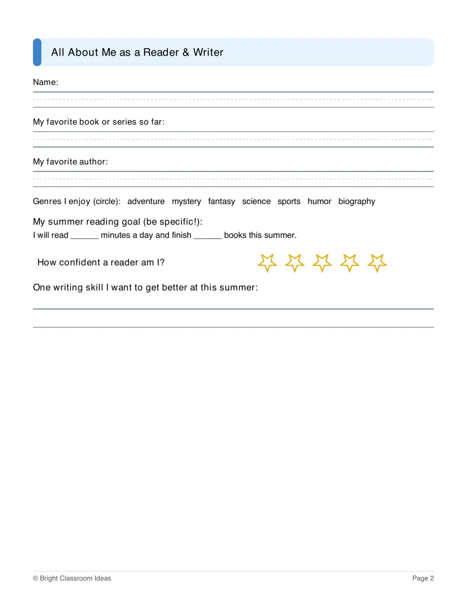 Reader and writer profile asking for favorite books, author, genres, reading goals, and a writing goal