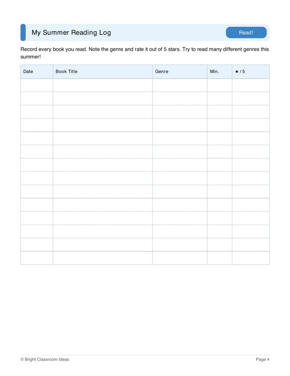 Summer reading log for recording each book's date, title, genre, reading minutes, and rating out of five