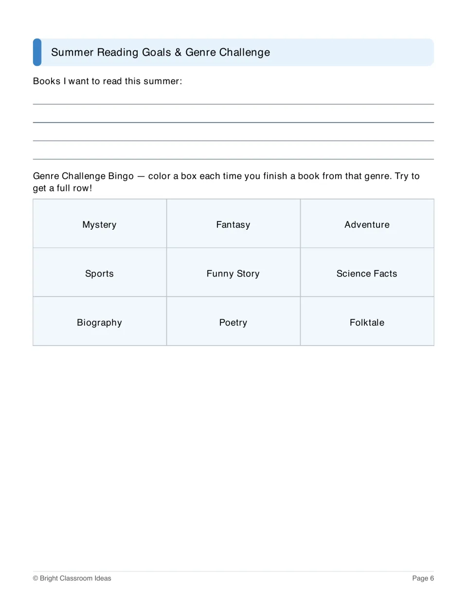 Summer reading goals and genre bingo featuring mystery, fantasy, adventure, poetry, and five other genres