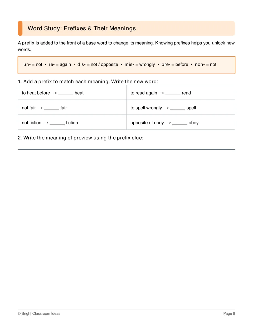 Prefix lesson defining un-, re-, dis-, mis-, pre-, and non-, with word completion and a preview meaning task