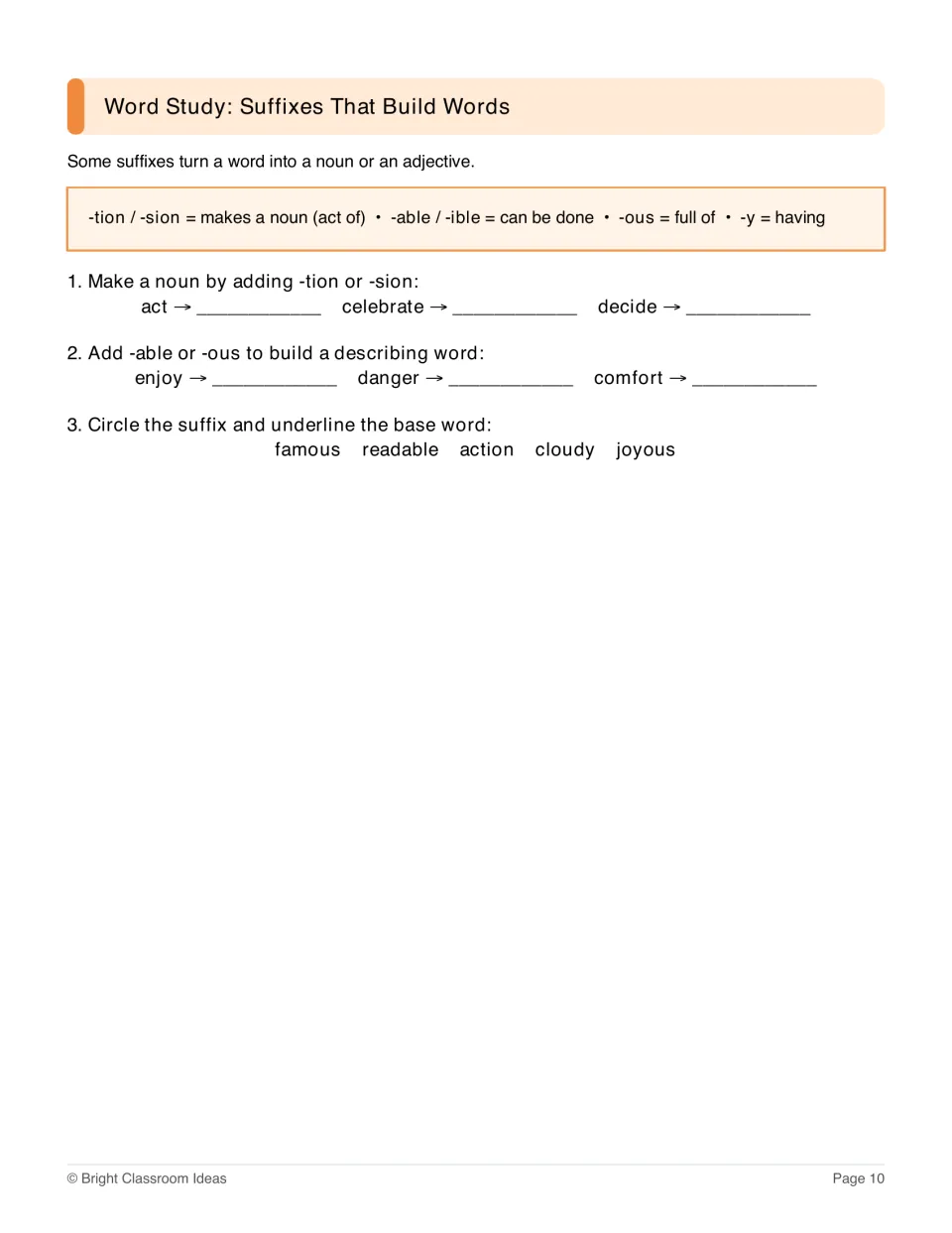 Suffix word-building practice forming nouns and adjectives, then identifying suffixes and base words