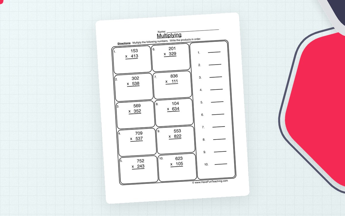 3x3 Digit Multiplication Worksheet teaching resource preview