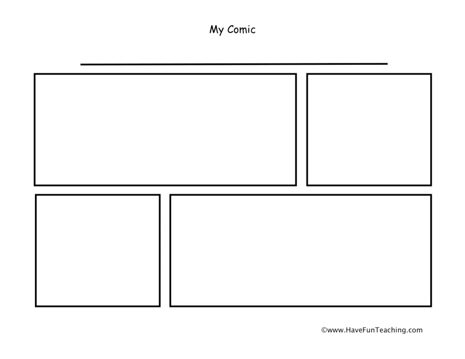 My Comic story page: students give their comic a title, then draw and write their own story in order across four panels