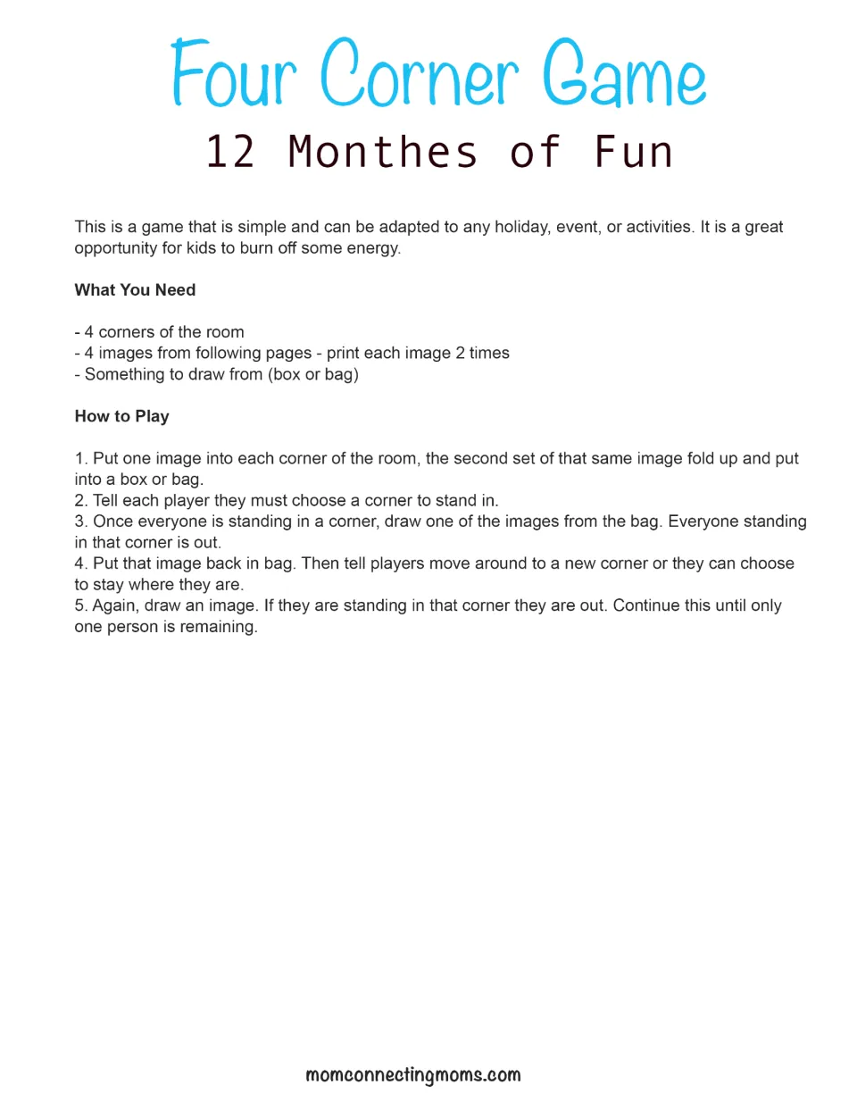Four Corner Game rules: supplies list and five steps for posting pictures, picking corners and drawing who is out