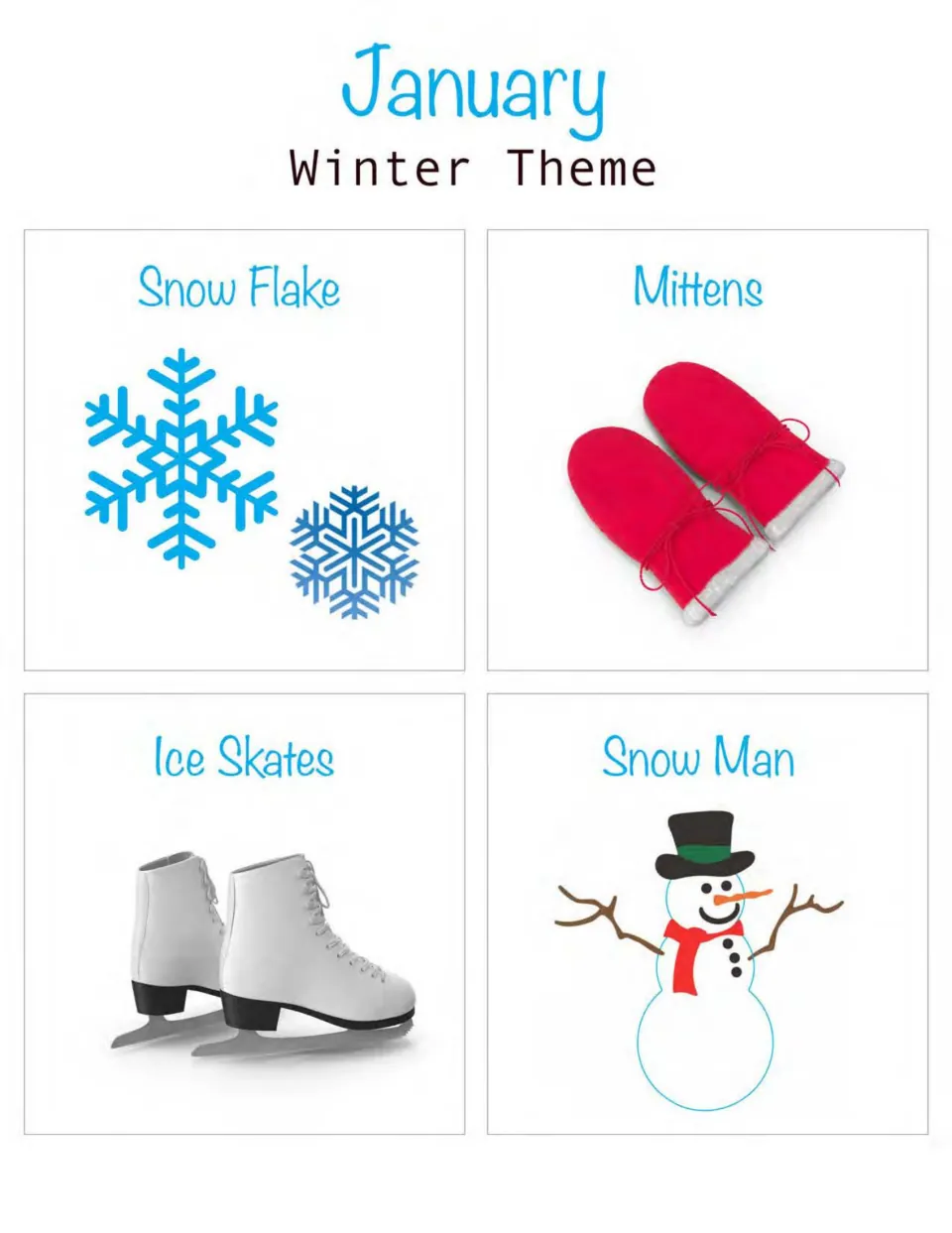 January winter theme corner cards: snowflake, mittens, ice skates and snowman pictures to post in each room corner