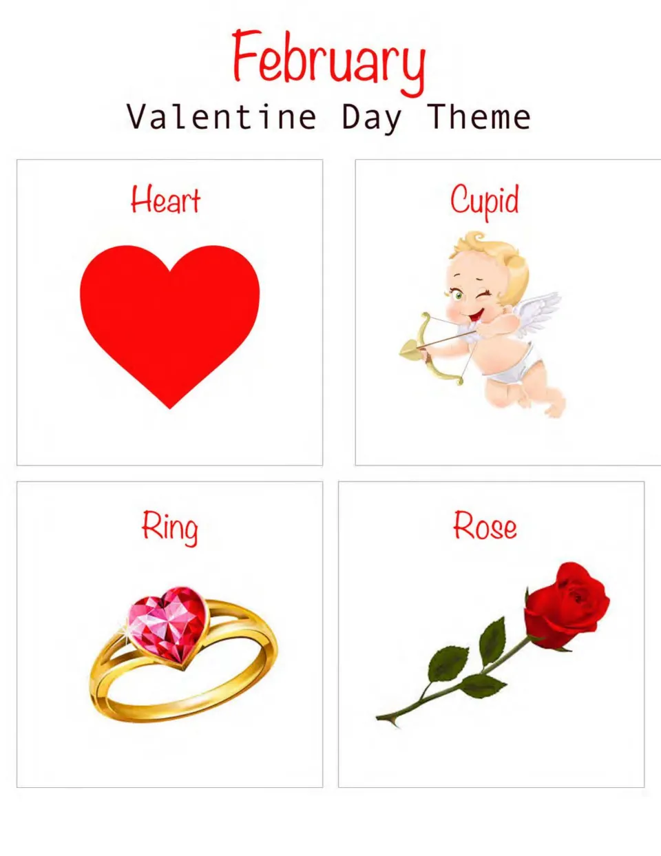 February Valentine's Day corner cards: a red heart, cupid, heart-gem ring and red rose for the four room corners