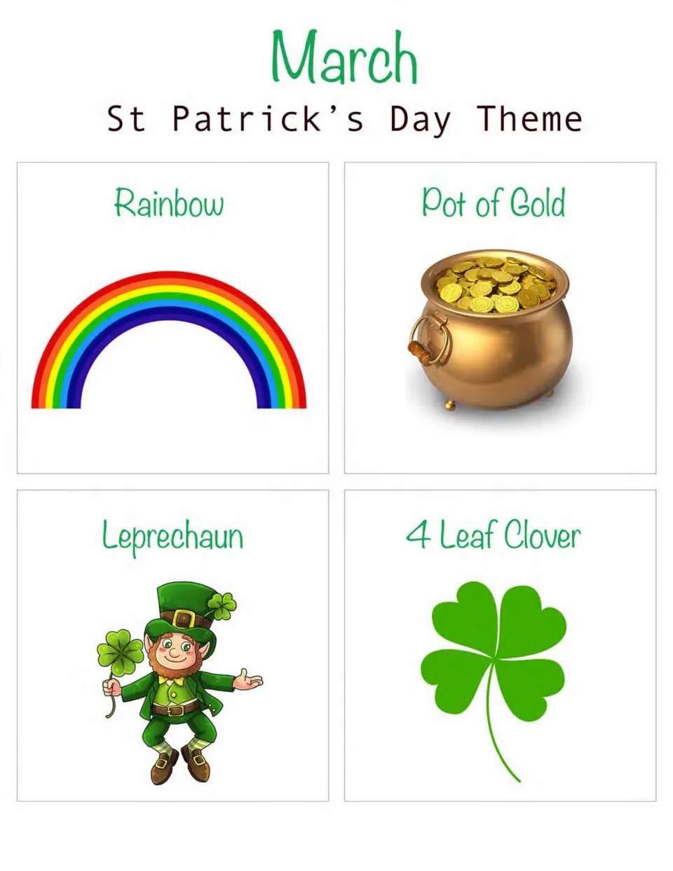March St. Patrick's Day corner cards: rainbow, pot of gold, leprechaun and four-leaf clover for each room corner