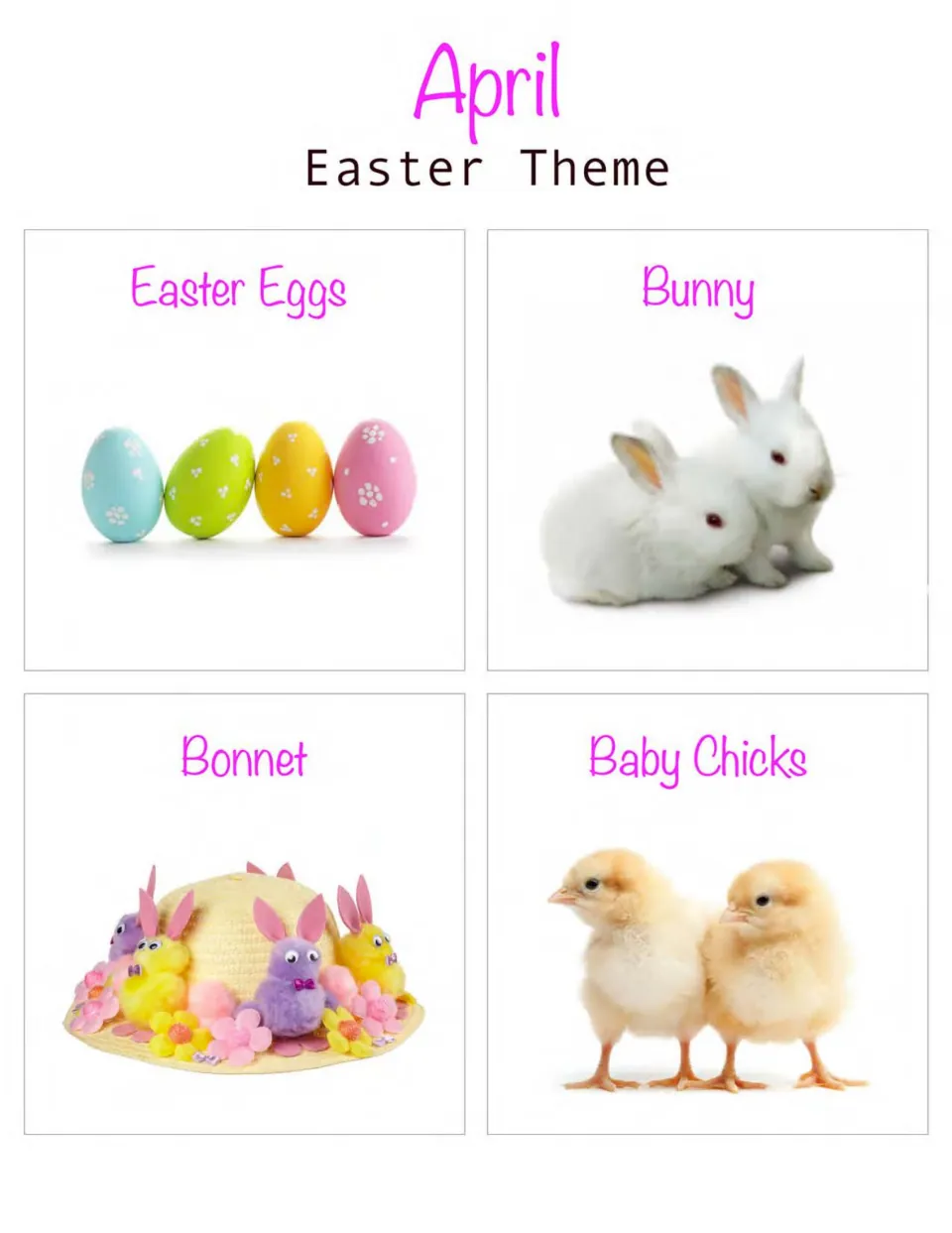 April Easter corner cards: painted Easter eggs, white bunnies, a decorated bonnet and baby chicks for the four corners