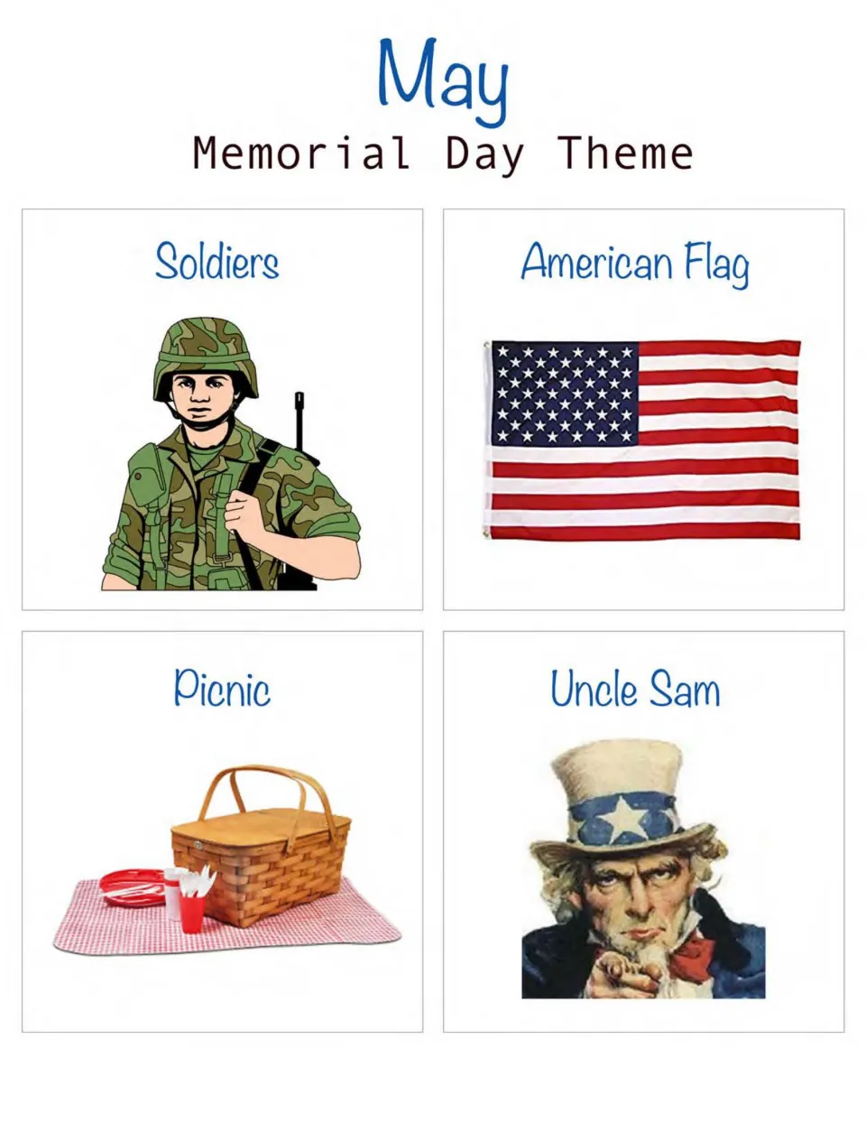May Memorial Day corner cards: a soldier, American flag, picnic basket and Uncle Sam to hang in each room corner