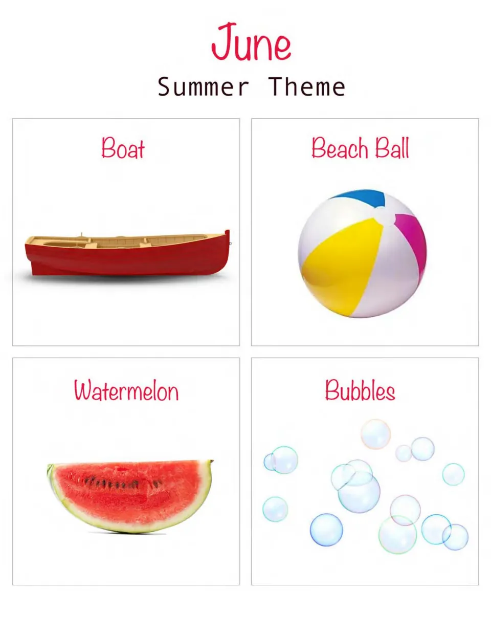 June summer corner cards: a red rowboat, beach ball, watermelon slice and bubbles to post in the four room corners