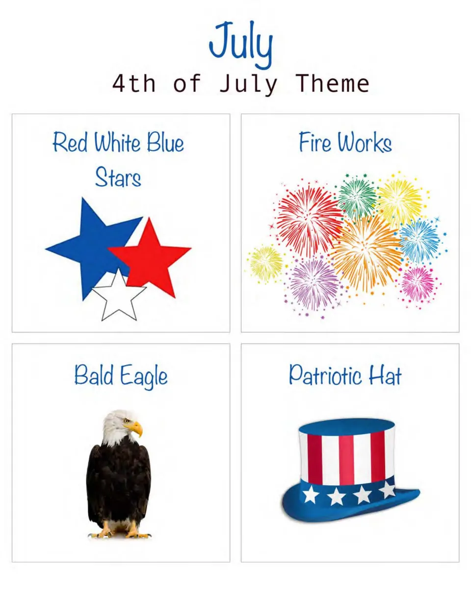 July 4th of July corner cards: red, white and blue stars, fireworks, bald eagle and patriotic hat for each corner