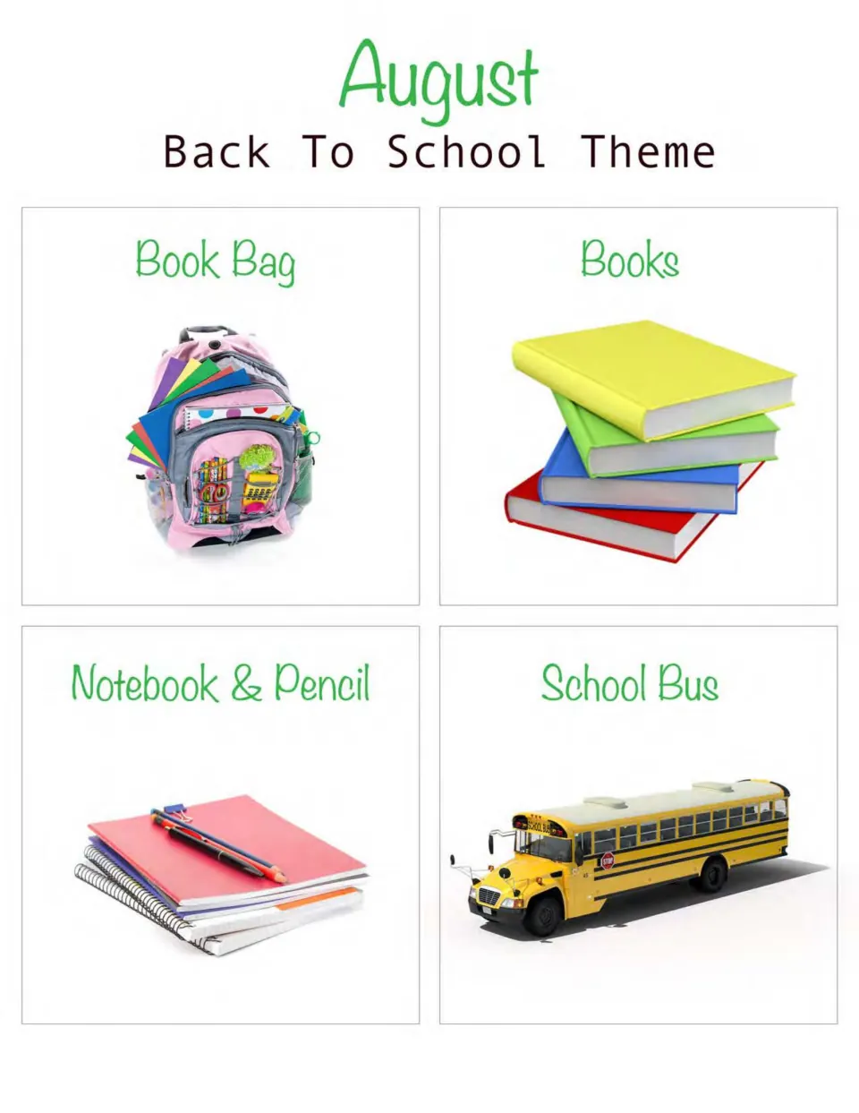 August back-to-school corner cards: book bag, stack of books, notebook and pencil, and school bus for the four corners