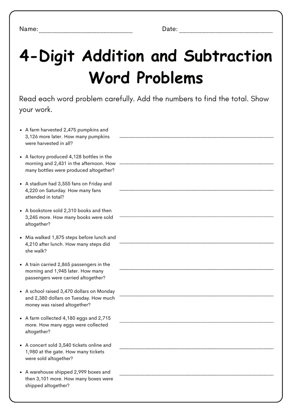 4-digit addition word problems: students add to find totals for 10 stories about pumpkins, bottles, fans and tickets