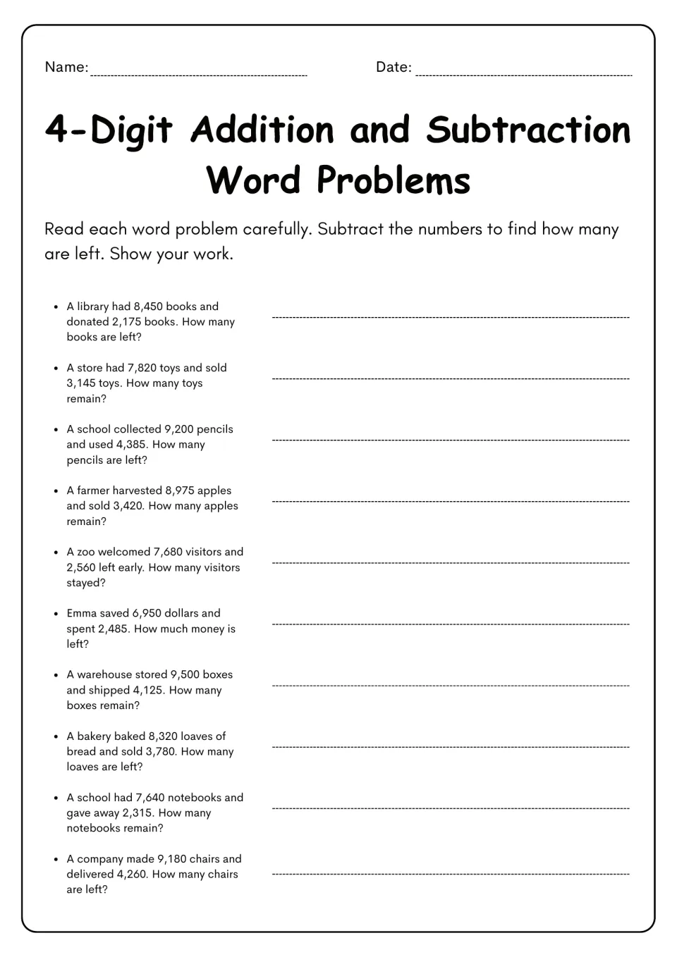 4-digit subtraction word problems: students subtract to find how many are left in 10 stories about books, toys and apples