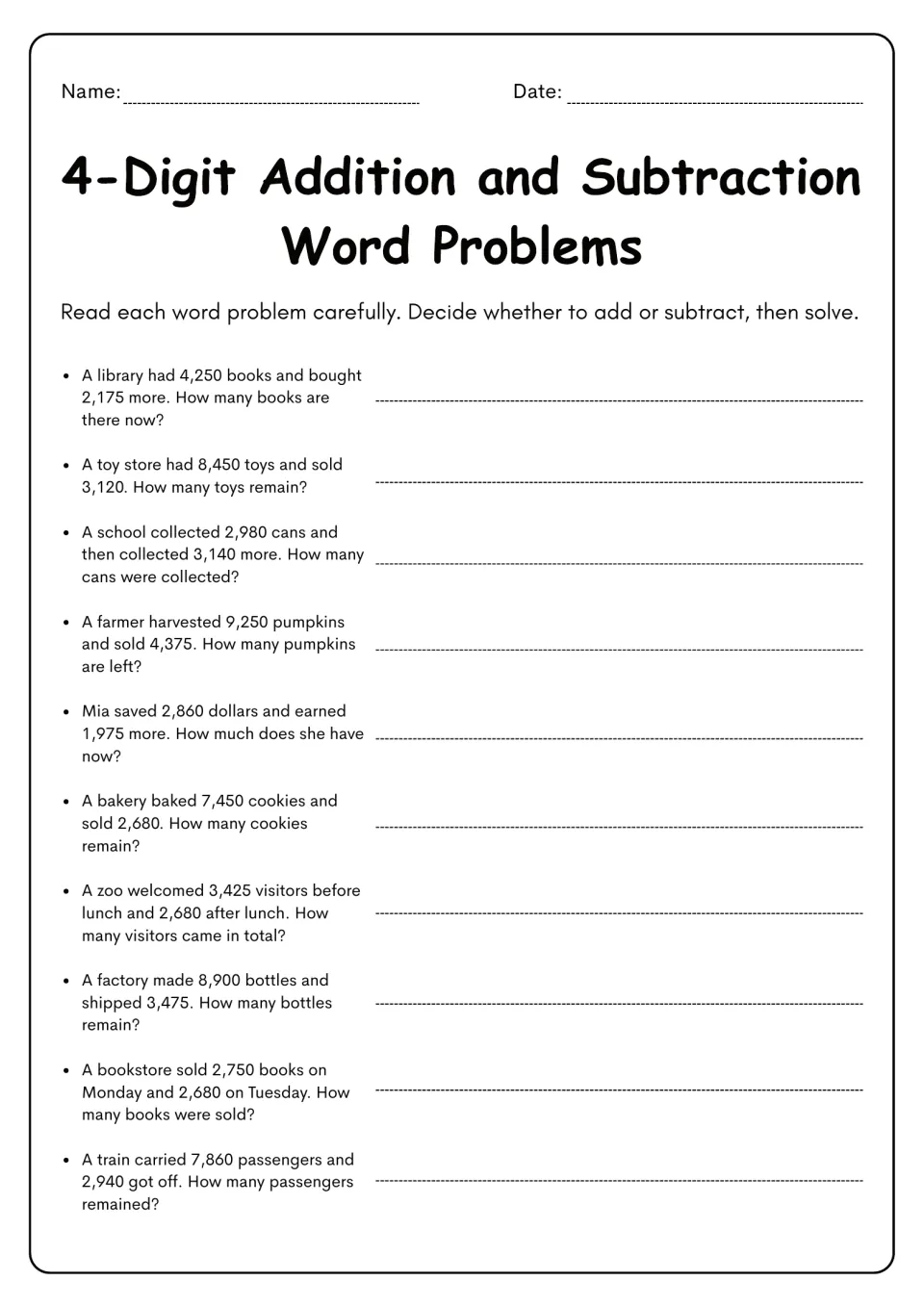 Mixed 4-digit word problems: students decide whether to add or subtract to solve 10 stories about books, cans and pumpkins