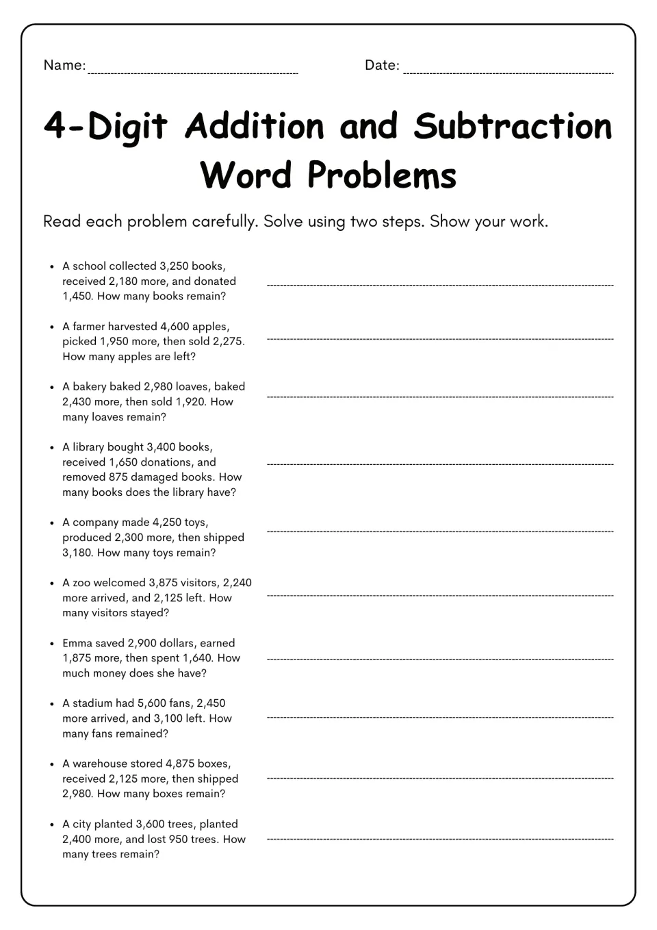 Two-step 4-digit word problems: students add then subtract to solve 10 stories about books, apples, loaves and trees