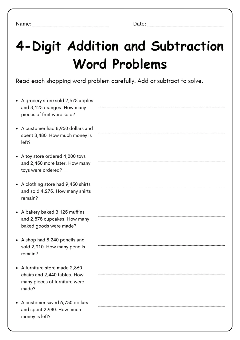Shopping word problems with 4-digit numbers: students add or subtract to solve 8 stories on fruit, toys, shirts and money