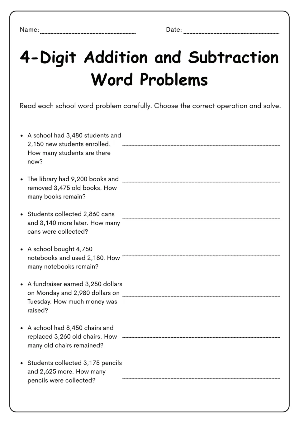 School word problems with 4-digit numbers: students choose the operation to solve 7 stories about students, books and cans
