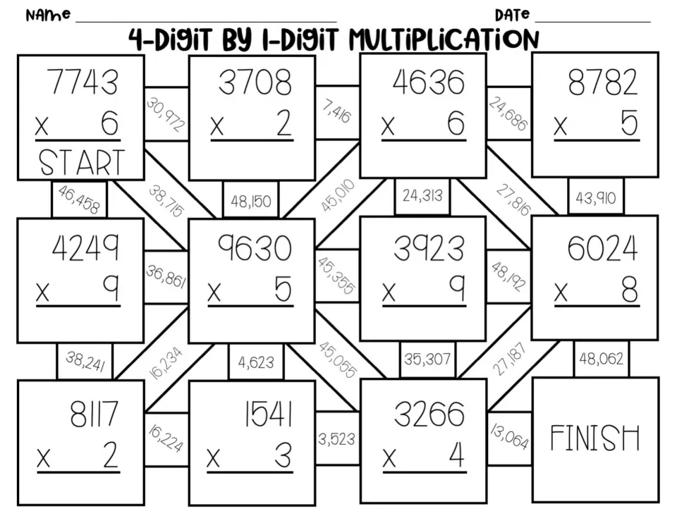 4-digit by 1-digit multiplication maze: students solve 7743 x 6 at Start and follow correct products to reach Finish