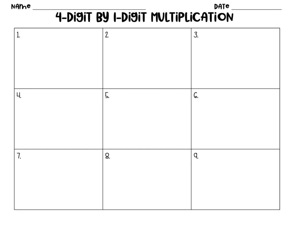 Recording sheet for 4-digit by 1-digit multiplication: students show their work for problems 1 to 9 from the maze
