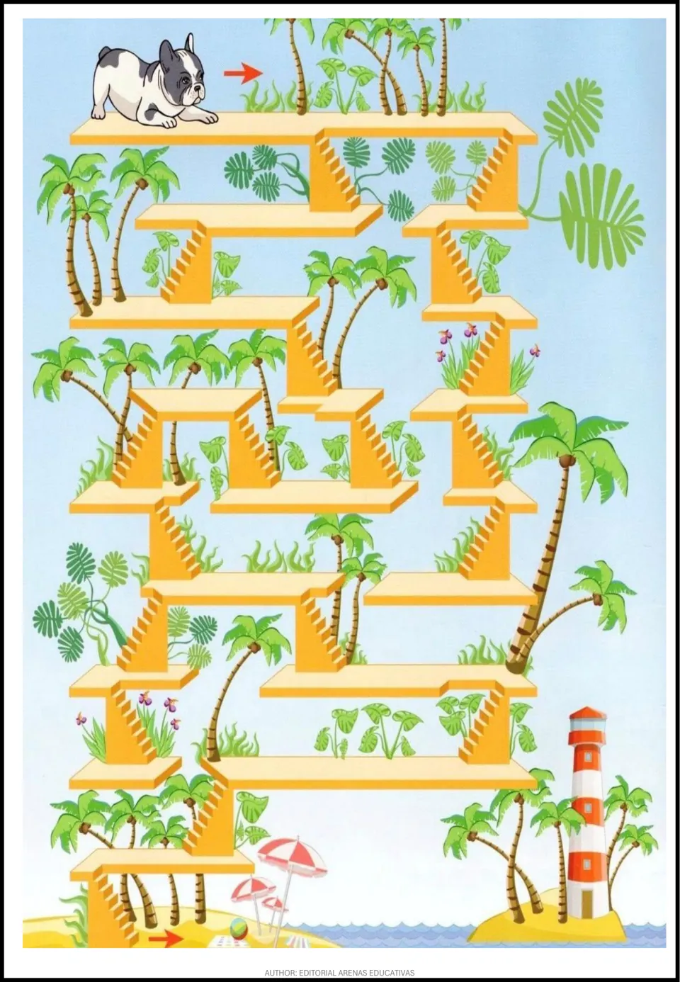 Maze activity featuring a dog at the top, connected stairways and platforms, and an exit arrow at the beach.