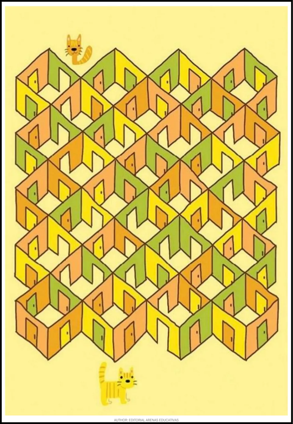 Maze activity featuring yellow, orange, and green rooms connected by doorways, with cats above and below.