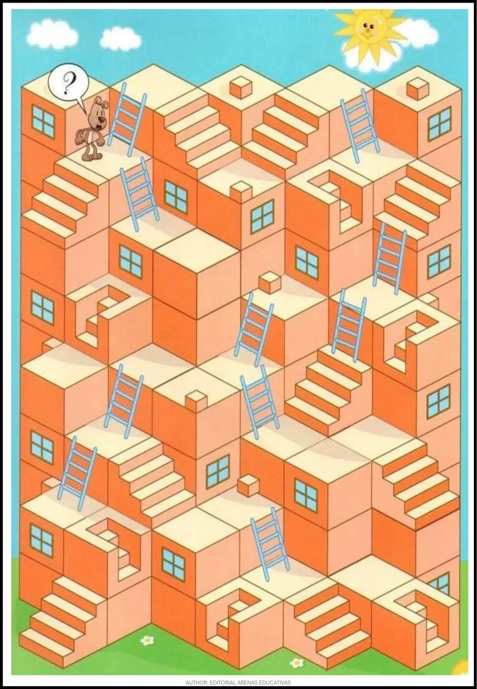 Maze activity featuring a dog with a question mark among orange buildings connected by stairs and ladders.
