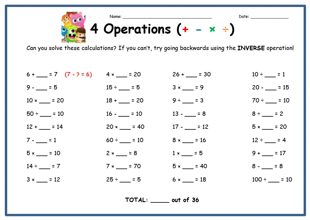4 Operations Math Worksheet – 36 Mixed Problems – cover