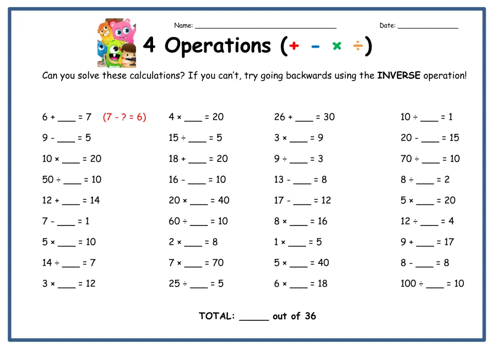 Missing numbers in +, -, × and ÷ equations: students find each unknown in 36 problems, using the inverse operation to check