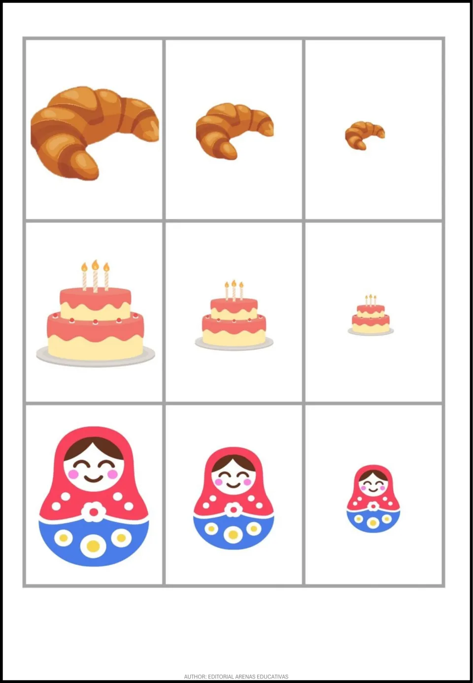 Size comparison poster showing croissants, birthday cakes, and nesting dolls in big, medium, and small sizes