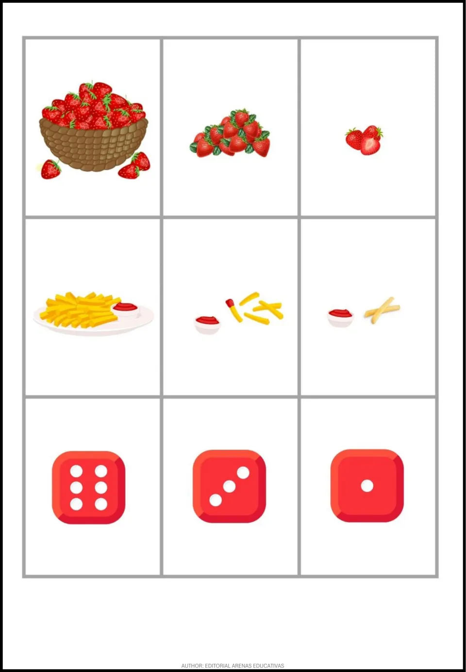 Quantity comparison poster showing decreasing amounts of strawberries and fries, plus dice with 6, 3, and 1 dots