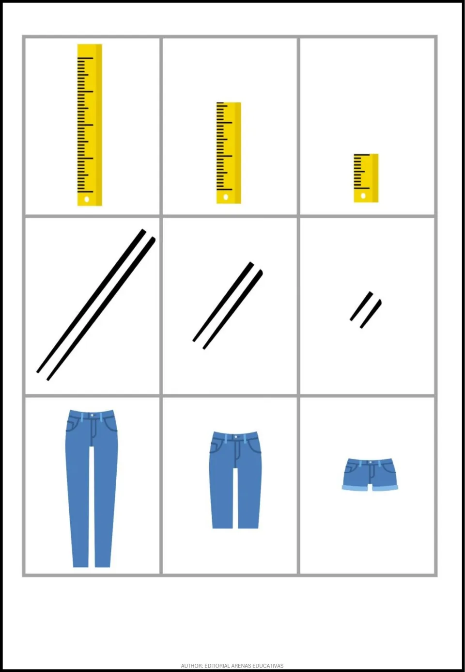 Length comparison poster showing rulers, pairs of chopsticks, and pants in three progressively shorter lengths