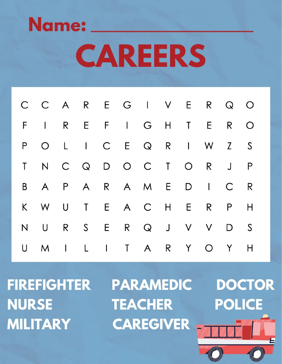 Careers word search: students find 8 job words such as firefighter, paramedic, nurse, teacher and caregiver