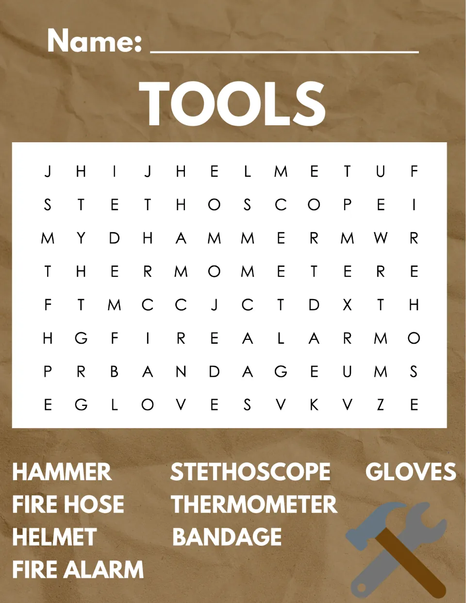 Tools word search: students hunt for 8 work tools including hammer, stethoscope, fire hose, thermometer and bandage