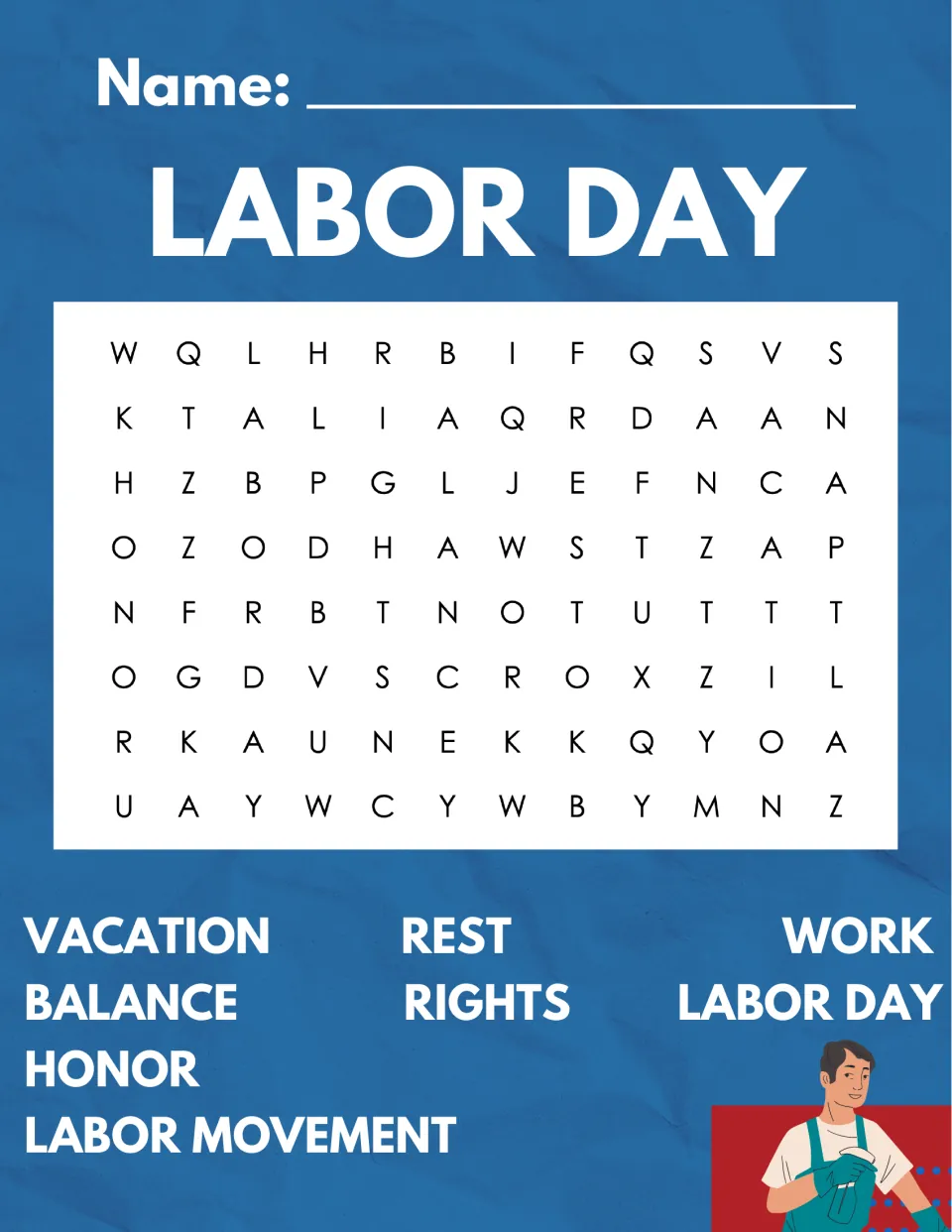 Labor Day word search: students locate holiday words like vacation, rest, work, rights, honor and labor movement