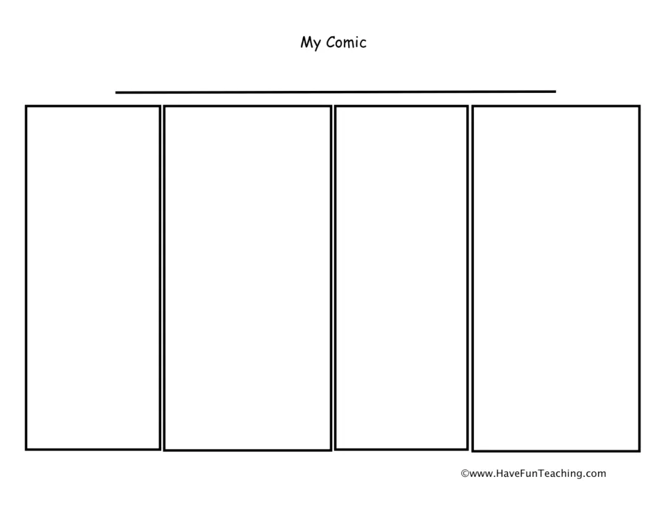 Comic story template headed “My Comic,” with four blank panels for students to add drawings and dialogue.
