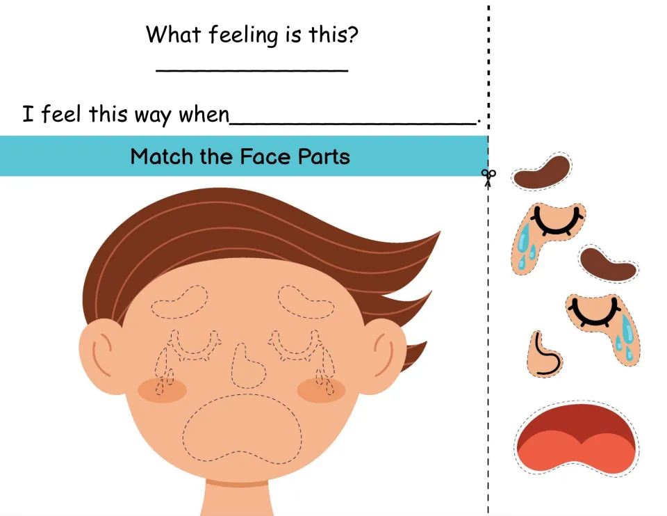Crying face: students cut out teary eyes, brows, nose and an open mouth, glue them on the boy, then name the feeling