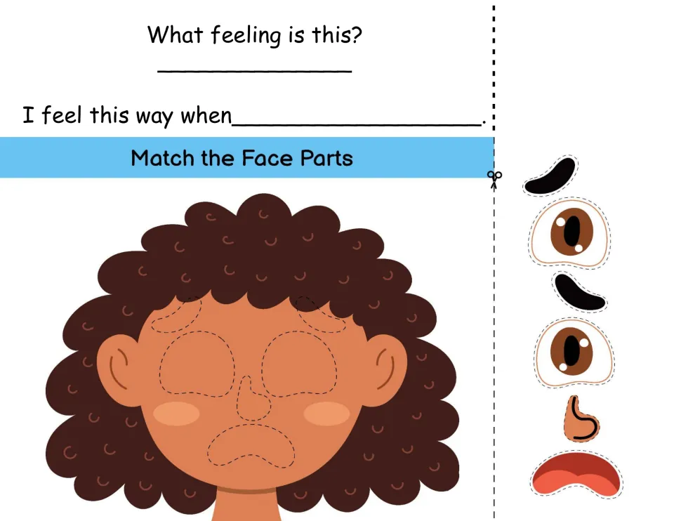 Face parts match: students cut out round eyes, raised brows and a downturned open mouth for the girl, then name the feeling