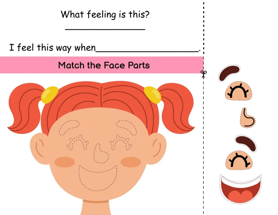 Happy face match: students glue smiling eyes, brows, nose and a big grin on the girl, then finish 'I feel this way when'