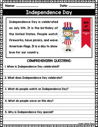 4 th of July Reading Comprehension Activity + Answers – sample page 2