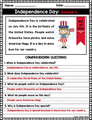 4 th of July Reading Comprehension Activity + Answers – sample page 3