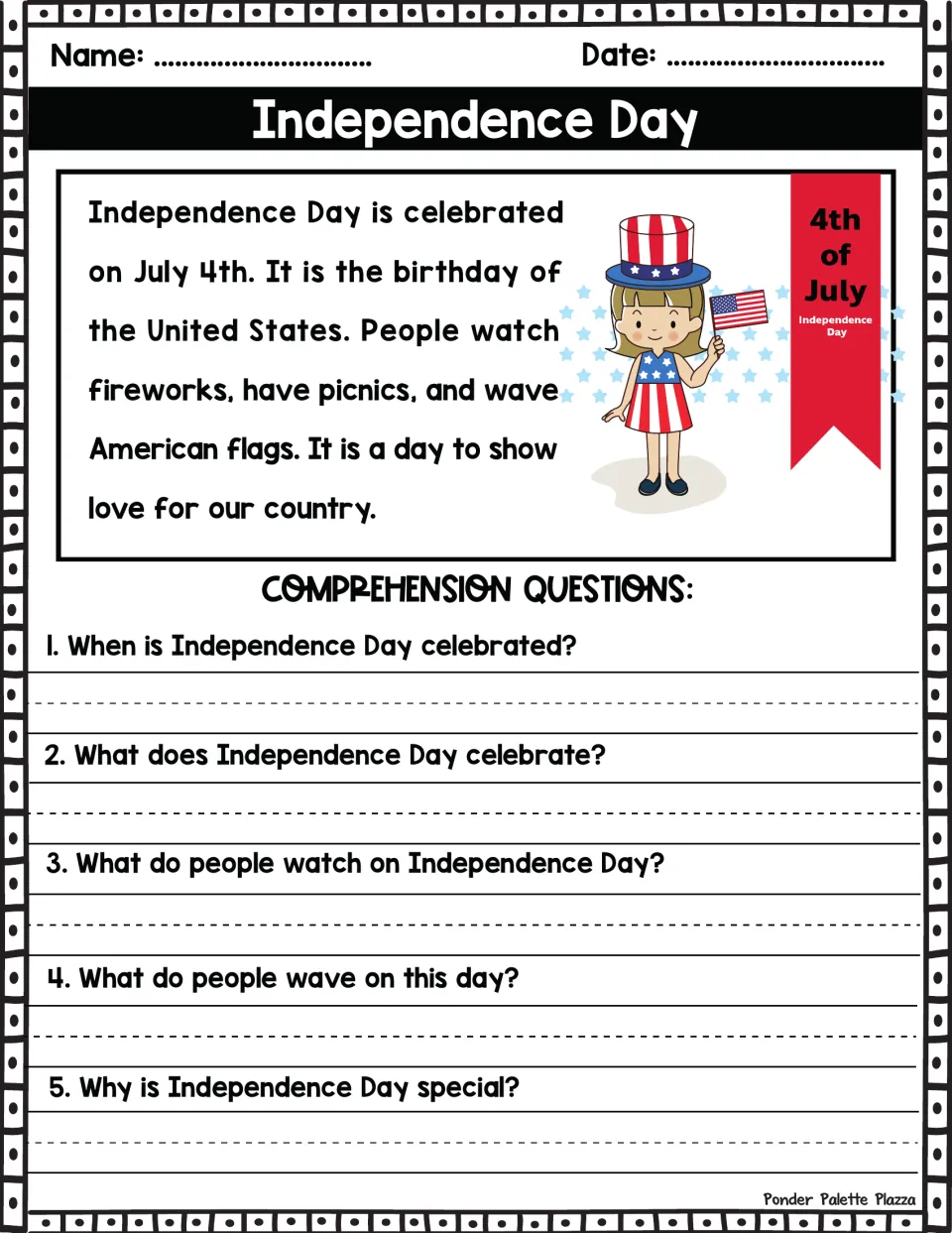 Independence Day reading passage: students read about July 4th fireworks and flags, then answer 5 comprehension questions