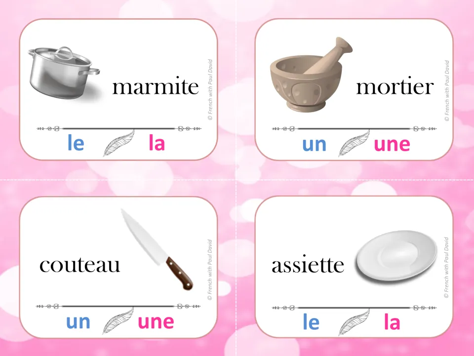 Kitchen noun gender: students clip le or la, un or une on cards for marmite, mortier, couteau and assiette