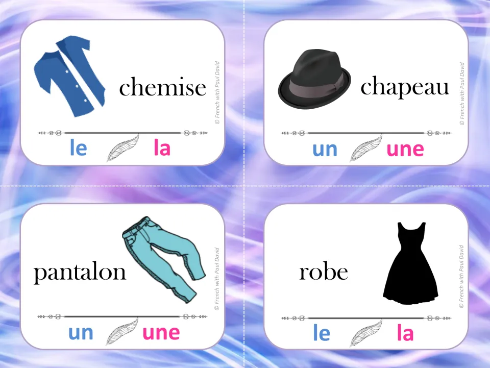 Clothing noun gender: students clip le or la, un or une on cards for chemise, chapeau, pantalon and robe