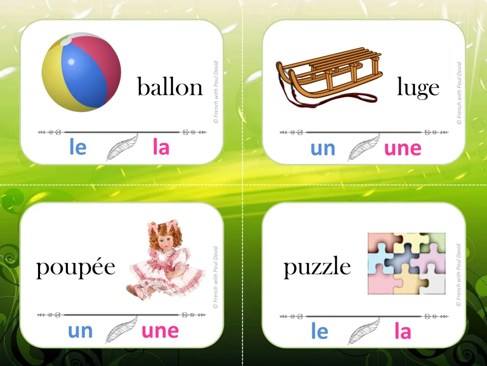 Toy noun gender: students clip the correct article, le/la or un/une, for ballon, luge, poupée and puzzle