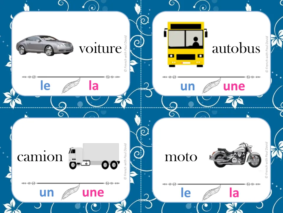 Vehicle noun gender: students clip le or la, un or une to mark voiture, autobus, camion and moto as masculine or feminine
