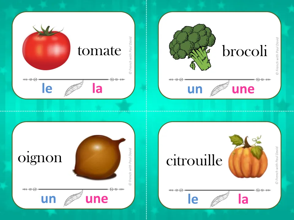 Vegetable noun gender: students clip le/la or un/une on cards for tomate, brocoli, oignon and citrouille